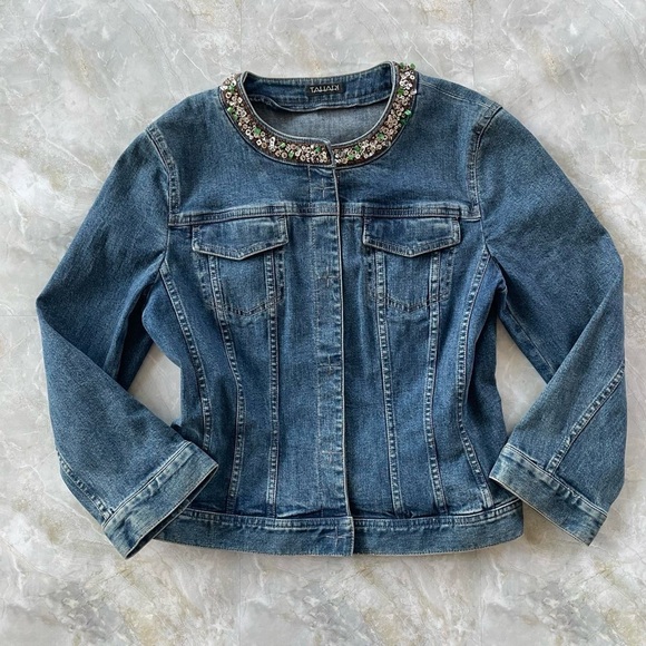 Tahari Embellished Bead Sequin Neckline Denim Jacket - Picture 2 of 8